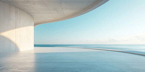 large empty concrete floor with ocean view, featuring modern architectural design and soft natural light. serene atmosphere evokes sense of tranquility and openness