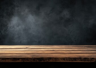 Empty wooden table in front of dark textured wall background. Use for product display