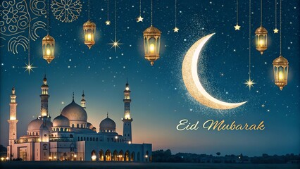 Eid Mubarak, Glowing crescent moon shining against deep royal blue night sky.