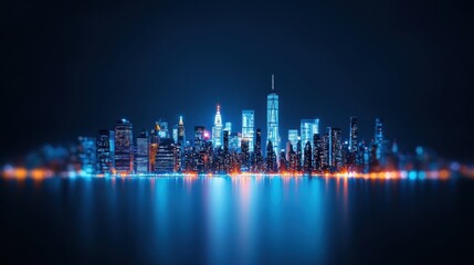 Obraz premium Nighttime Cityscape with Illuminated Skyscrapers Reflecting on Calm Water Surface