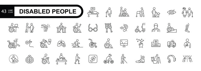 Disabled people line editable stroke icon set. Vector illustration.