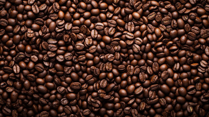 Fototapeta premium lot of coffee beans scattered on surface, showcasing their rich brown color and texture, creating warm and inviting atmosphere