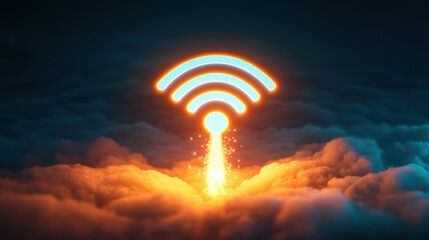 luminous Wi Fi symbol launching into sky, surrounded by vibrant clouds, symbolizes connectivity and innovation. glowing effect adds sense of excitement and energy
