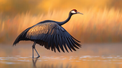 majestic black crane gracefully walks through shallow water, showcasing its elegant plumage against soft, golden background. serene moment captures beauty of nature
