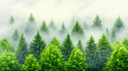 Fototapeta premium Misty mountain forest, evergreen trees shrouded in fog, aerial view of lush green canopy.