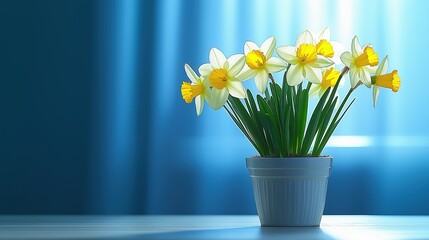 Yellow and White Daffodils in a Pot with a Blue Background