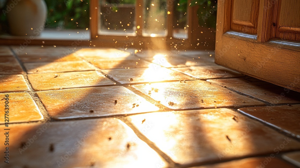 Poster sunlight streaming through a doorway illuminating a tiled floor with floating dust particles
