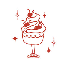 Ice cream hand drawn vector illustration. Elegant vintage sundae. Dessert and delicacy in summer and hot weather, doodle in vintage style isolated on white background