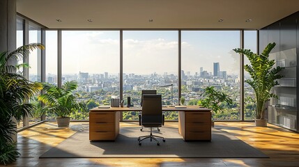Modern office panoramic city view, sunlight, plants