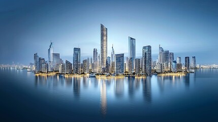 Fototapeta premium A stunning futuristic cityscape with floating skyscrapers illuminated by neon lights, with copy space.