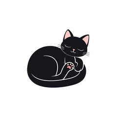 Black Cat Sleeping Curled Up - Cartoon Style Vector Illustration Isolated on White