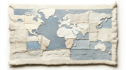 Fototapeta premium A textured, artistic representation of a world map in soft blue and cream hues, combining fabric and design elements.