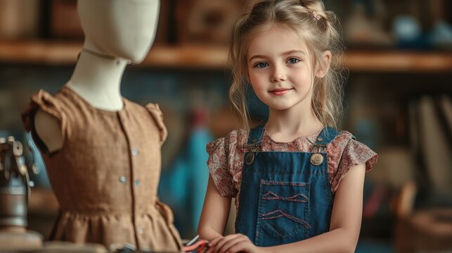 adorable little girl in denim overalls near sewing mannequin