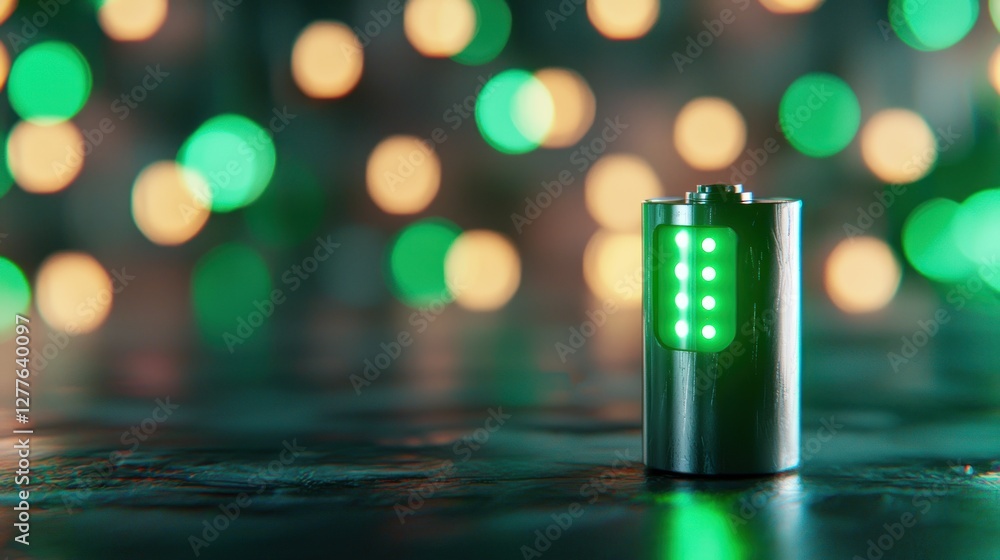 Poster glowing green battery indicator with bokeh lights in the background showcasing energy efficiency and