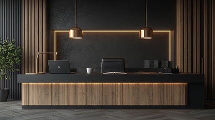 Modern office reception desk, wood, black, lighting