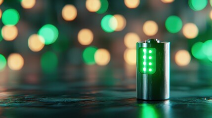 Fototapeta premium Glowing green battery indicator with bokeh lights in the background showcasing energy efficiency and sustainable power solutions for the future