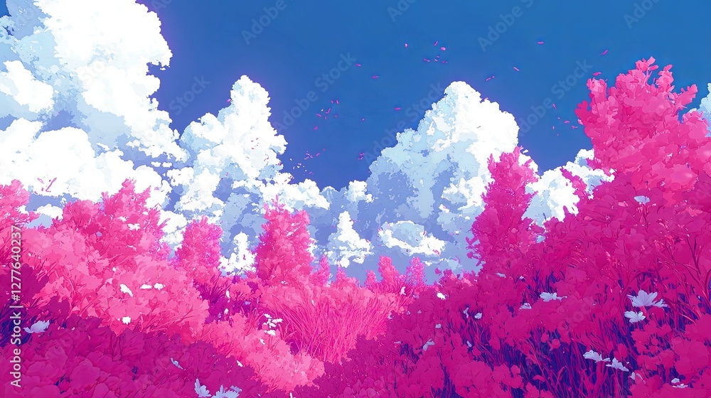 Poster a stylized 2d digital artwork showing an abstract world where gravity is reversed, with copy space.