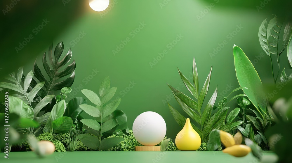 Poster serene green studio backdrop with tropical foliage and minimalist forms creating a calming and natur