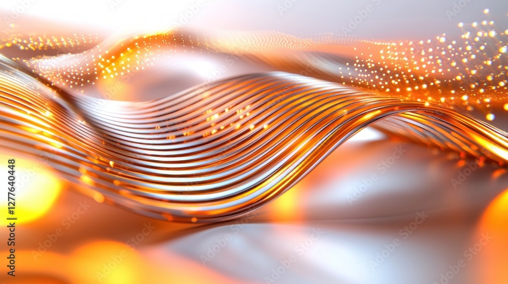 Poster elegant abstract design featuring flowing metallic lines and shimmering particles on a bright backgr