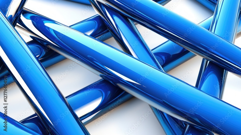 Poster abstract arrangement of glossy blue cylinders on white backdrop creating a modern and dynamic visual