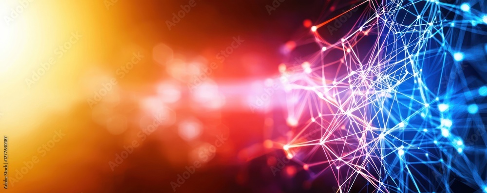 Poster abstract network connection structure with vibrant orange and blue light effects for modern technolo