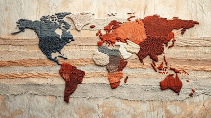 Naklejka premium A textured, artistic world map made of woven materials, showcasing continents in earthy tones against a light background.