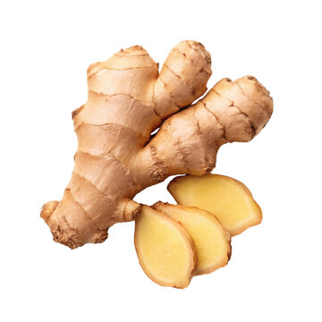 Whole ginger root with fresh slices, close-up, isolated. natural food and healthy eating
