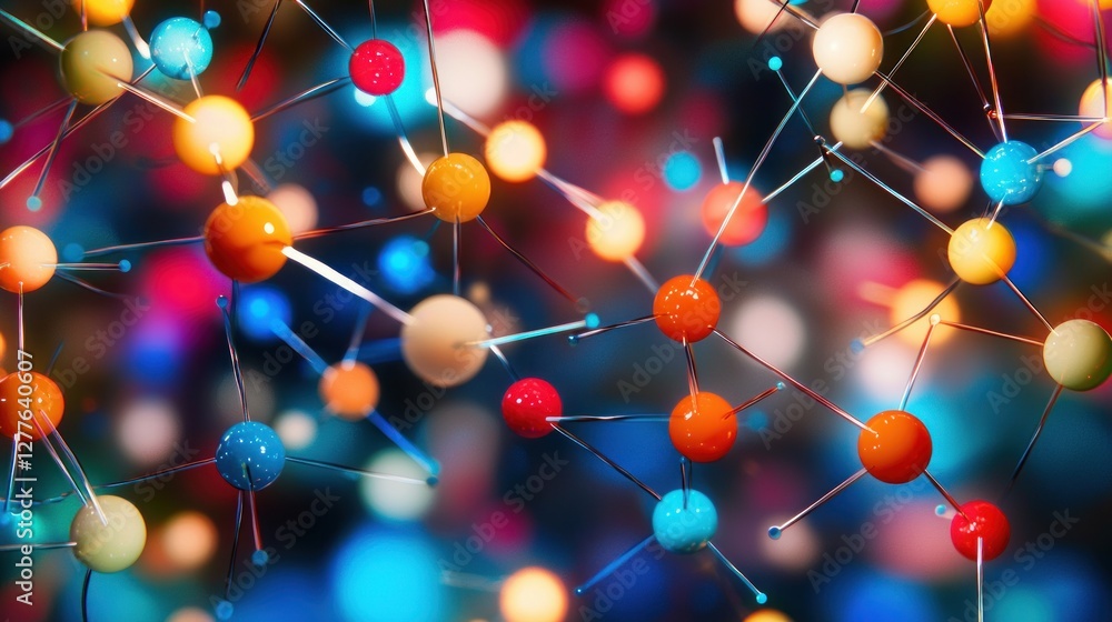 Poster colorful molecular structure with spheres and connecting rods in a vibrant abstract design for scien