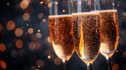 Sparkling champagne glasses filled with bubbly drink against a blurred festive background