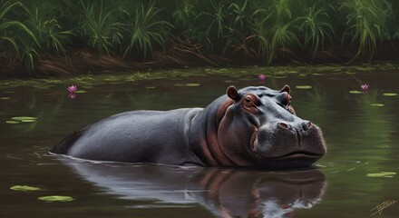 Fototapeta premium Hippopotamus Resting Calmly in Water with Lily Pads and Green Grass