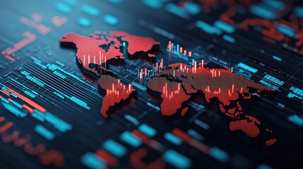 Obraz premium Red and Blue Digital World Map with Data Visualization Representations of Global Statistics