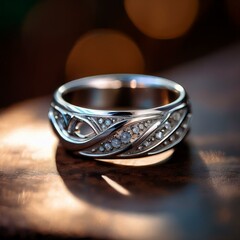 A stunning silver ring with an elegant design, featuring a polished finish and intricate details, set against a soft, blurred background to highlight its beauty