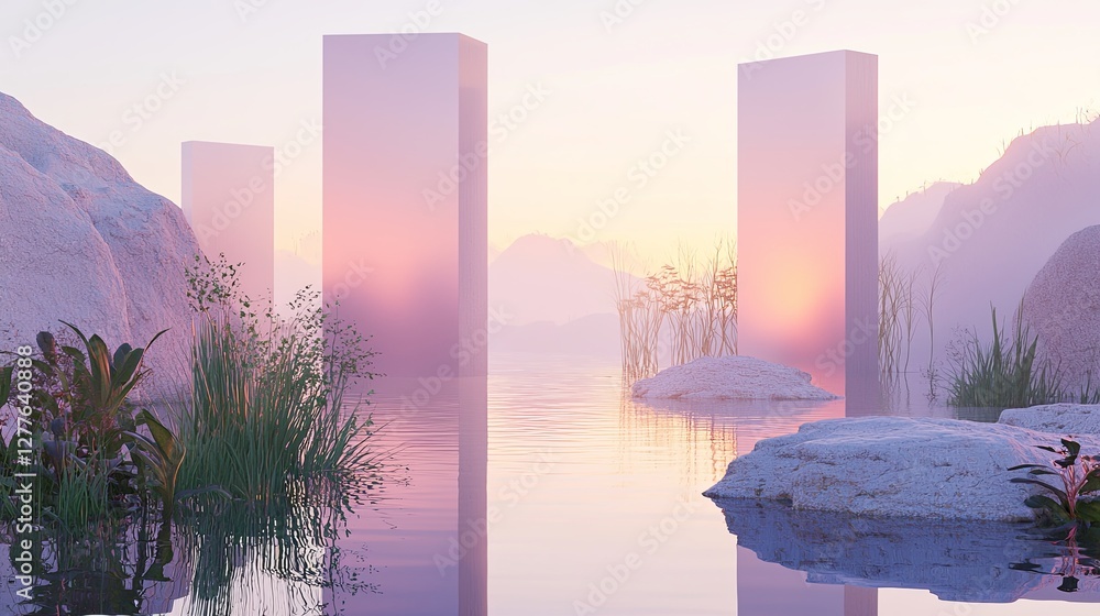 Poster a surreal 3d scene where doors open into different dimensions in a floating sky, with copy space.