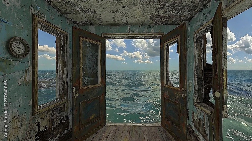 Poster a surreal 3d scene where doors open into different dimensions in a floating sky, with copy space.