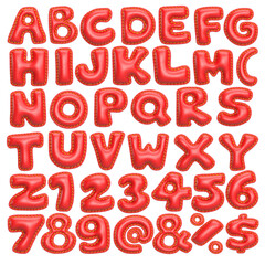 Set of red uppercase padded alphabet and numbers with decorative stitching isolated on white background, 3D rendering font for creative design
