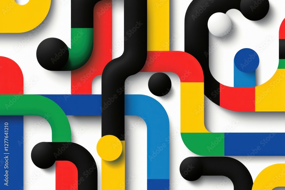 Poster abstract geometric composition with colorful rounded shapes and black tubes on white background crea
