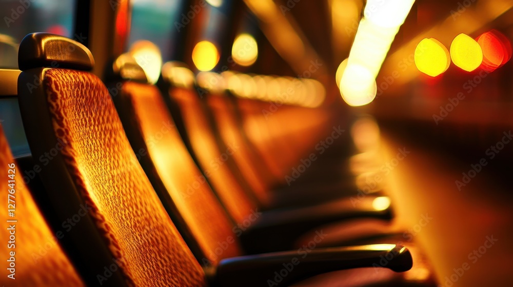 Poster warm glow of empty train seats with bokeh effect at golden hour