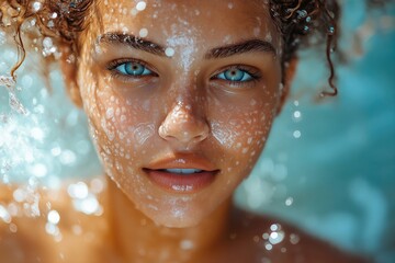 Natural Beauty: Close-Up Portrait of Young Woman in Refreshing Blue Pool with Serene Expression