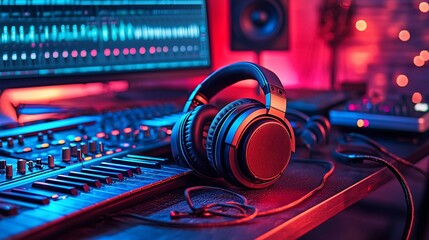 Music producer's studio, headphones on keyboard, neon lights, creating music