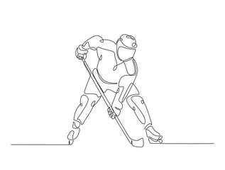 Continuous line art drawing of ice hockey player illustration. Hockey player in one line drawing design. Editable stroke.