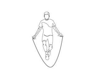Continuous line art drawing of young man jumping with skipping rope. Cardiovascular exercise by jumping with skipping rope line art drawing vector illustration. Editable stroke.