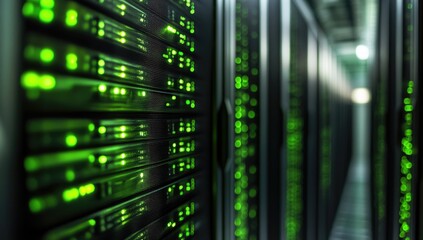 Server racks glowing green in a data center hallway