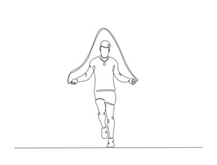 Continuous line art drawing of young man jumping with skipping rope. Cardiovascular exercise by jumping with skipping rope line art drawing vector illustration. Editable stroke.