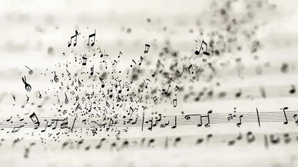 Musical notes flying from sheet music;  composition background; music education concept