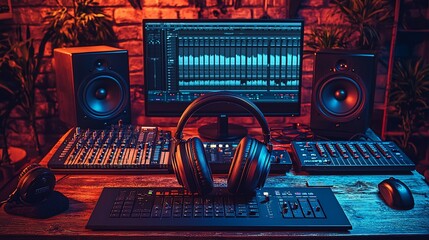 Music studio setup, night, home studio, audio production, mixing console, headphones, speakers.  Use Music production tutorial