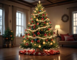 A majestic Christmas tree with a full skirt of ornaments and lights on its branches, cozy ambiance, christmas decorations