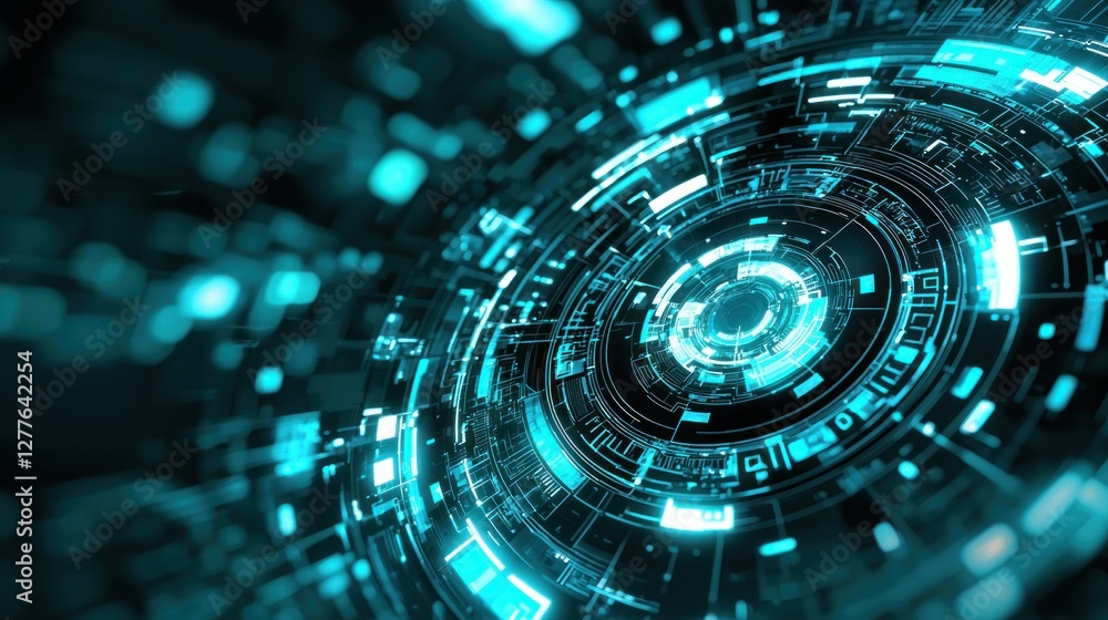 Poster futuristic technology interface with glowing blue circuitry and abstract data flow in a digital real
