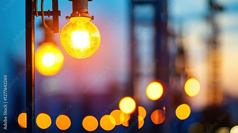 Poster glowing vintage lightbulb illuminating a blurred urban landscape at twilight creating a warm and inv