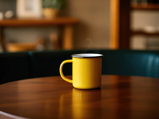 Yellow Stainless Steel Mug Mockup on Wooden Table in Cozy Cafe Interior