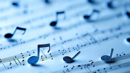 Musical notes on sheet music; close-up, abstract background; for music-themed projects